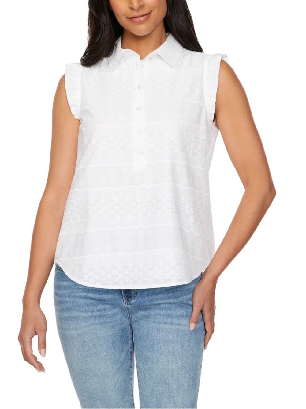 LOFT White Sleeveless Eyelet Button-Front Top S